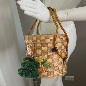 Vintage Cylinder Bucket Raffia Straw Hand Bag Purse